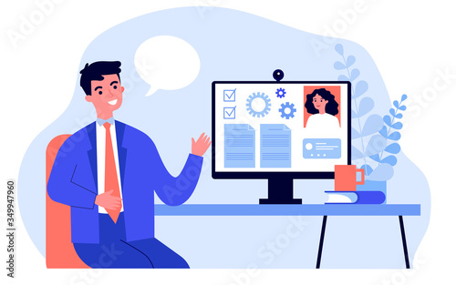 Business colleagues chatting online and discussing project. App for work, conference call, workflow flat vector illustration. Teamwork, lockdown concept for banner, website design or landing web page
