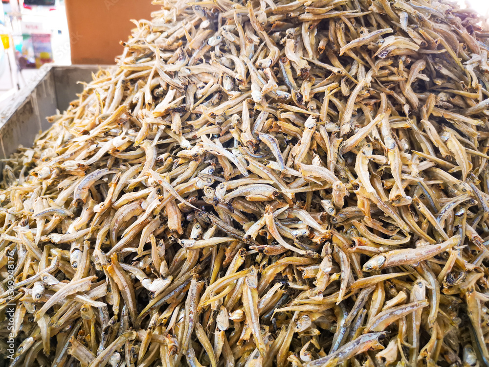 Dried anchovy display in a seafood market at Malaysia
