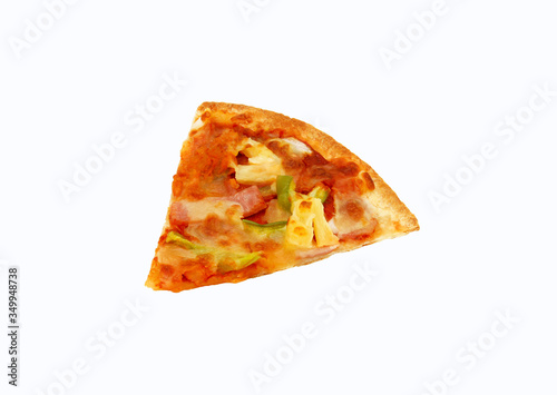 Piece of mixed deluxe pizza with pineapple, ham, mushroom, large green pepper and tomato isolated on white background with clipping path or make selection. This type of pizza is thin crust. 