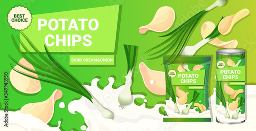 potato chips with sour cream onion flavor advertising composition of crisps natural potatoes and packaging ads design template horizontal vector illustration