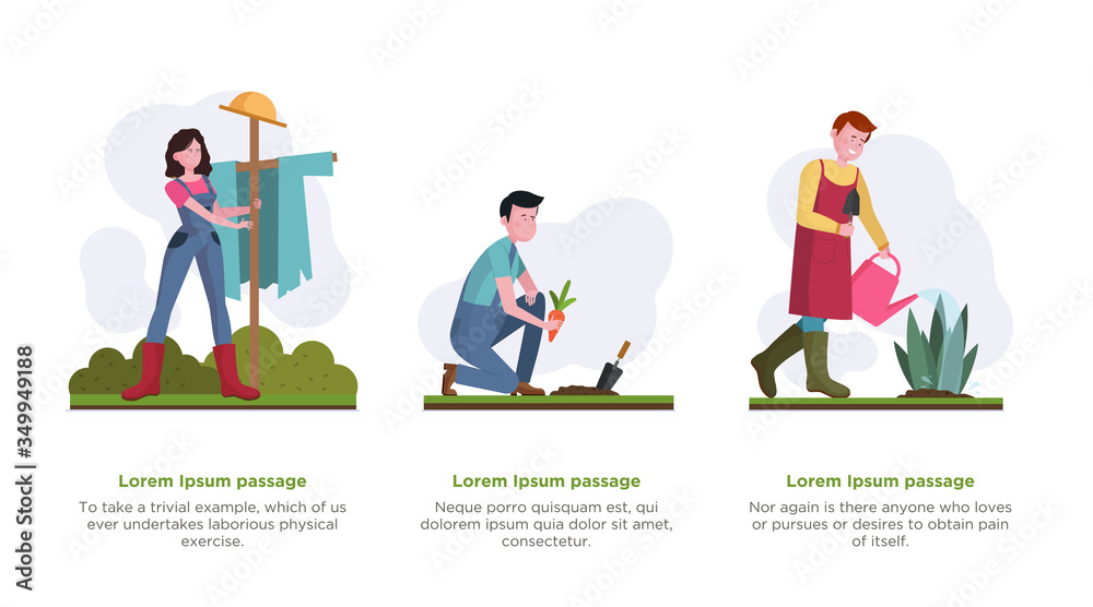Gardeners outdoors set. People gathering harvest, watering plants, setting scarecrow flat illustration. Gardening, farming, activity concept for banner, website design or landing web page