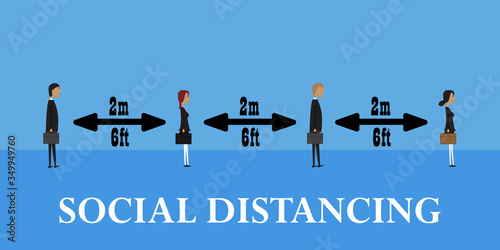 Social distancing icon. Business man and business woman keeping distance 2 meters (6 ft) to protect from corona virus diseases (COVID-19). Preventive measures. Steps to protect yourself.