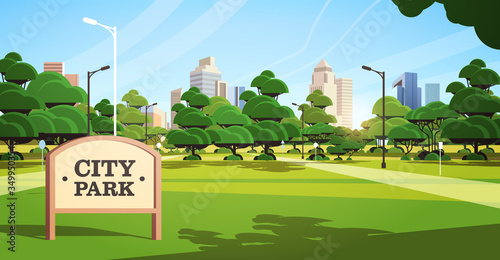 sign board in city park beautiful summer day skyline skyskraper buildings sunrise cityscape background horizontal vector illustration