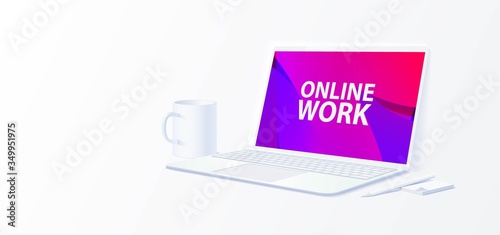 Horizontal banner on the topic of online work. Open laptop. Minimalism.