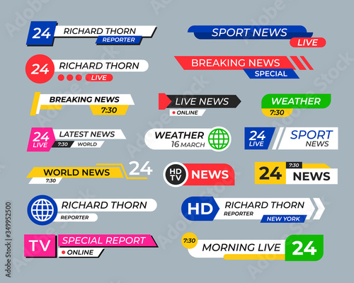Broadcasting screen bars flat headers collection. Modern breaking news banners vector illustration set. Television bottom interface and dashboard line concept