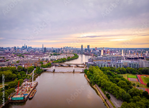 Aerial view of Chelsea bridge and central London, UK photo