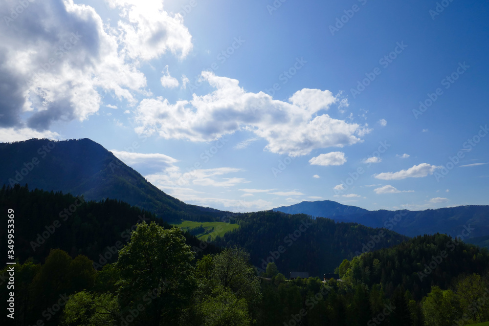 Beautiful mountain landscape and sky, forest in Austria.