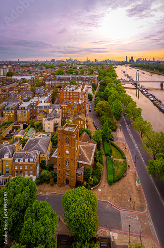Aerial view of Chelsea old church and central London, UK photo