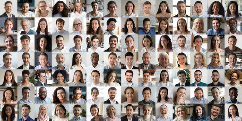 Collage mosaic of many multiracial people of different age and ethnicity faces headshots close up portraits. Lot of happy mixed multicultural diverse business people group photo collection concept.