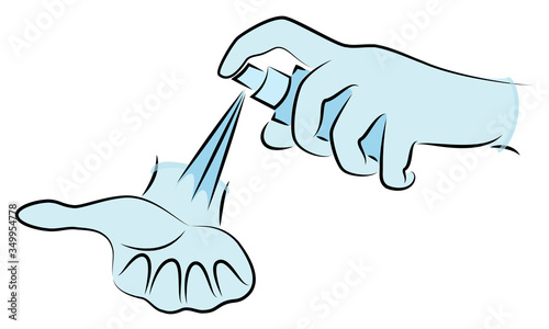 Hands in gloves. Antiseptic disinfection. Hygienic procedure. Disease prevention, good for health. Vector illustration.
