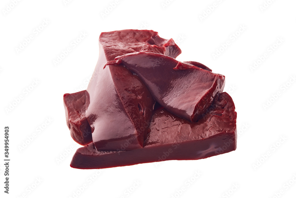 Obraz premium Raw beef livers on white background.
