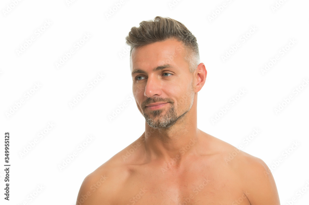 Skincare is essential. Handsome man with bare shoulders isolated on white. Unshaven face skin. Mens skincare. Skincare routine. Skincare cosmetic products. Skin grooming habit. Give skin a chance Skincare is essential. Handsome man with bare shoulders isolated on white. Unshaven face skin. Mens skincare. Skincare routine. Skincare cosmetic products. Skin grooming habit. Give skin a chance