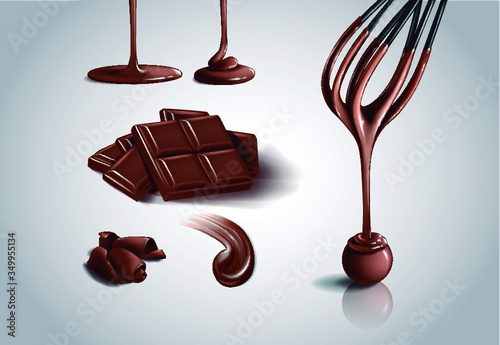 Chocolate set. Chocolate swirl. Melted chocolate falling. Cocoa butter, milk chocolate, pastry and desserts.