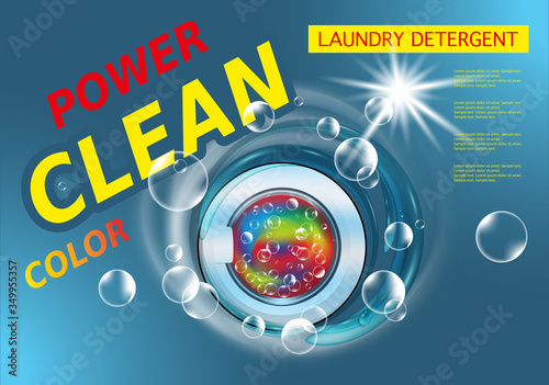 Laundry detergent for color fabric. Package design for washing powder and liquid detergents ads with washing machine drum and water splash, soap bubbles. Vector