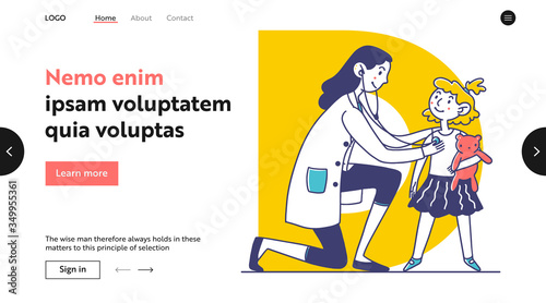 Pediatrician examining little patient. Kid with toy visiting doctor office flat illustration. Child care, healthcare, examination concept for banner, website design or landing web page