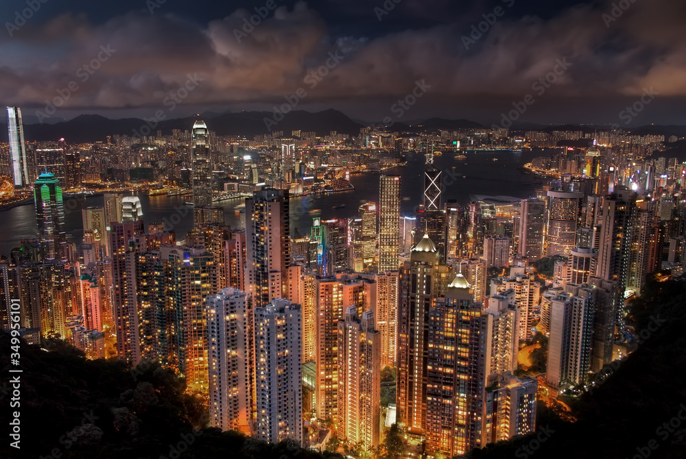 View from the Peak of Hong Kong and Kowloon City Skyline at Night