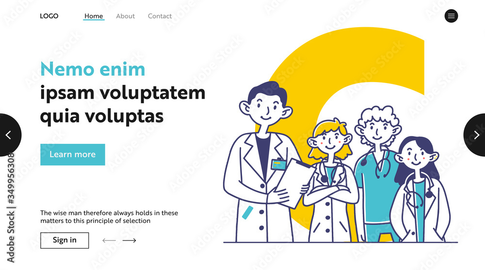 Team of medical practitioners. Doctors in white coats and scrubs with stethoscopes flat illustration. Physicians, medicine, occupation concept for banner, website design or landing web page