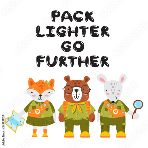 Baby animals in scout uniform. Nursery poster