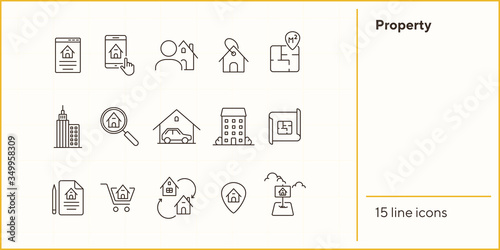 Property line icon set. House, garage, apartment, floor plan. Home concept. Can be used for topics like real estate purchase, mortgage, insurance, housing