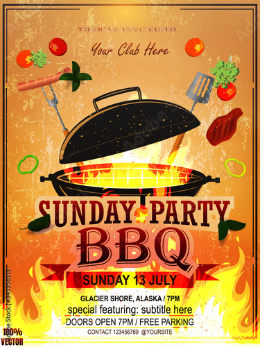 BBQ party invitation template on grunge yellow. Summer Barbecue weekend flyer. Grill illustration with food sketches elements. Vector design for celebration, invitation, greeting card.