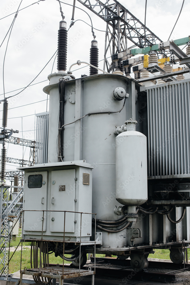 Power transformer at the electrical substation. Power engineering. Industry