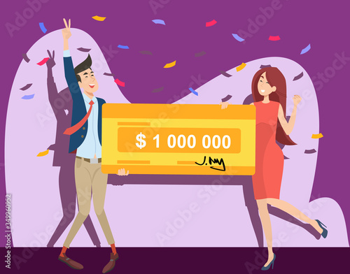 Happy guy and girl winning million dollars flat vector illustration. Young winners holding money bank cheque from jackpot. Lottery gain, prize and grant concept