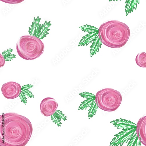 Illustration seamless pattern with roses on a white background. Soft pink roses