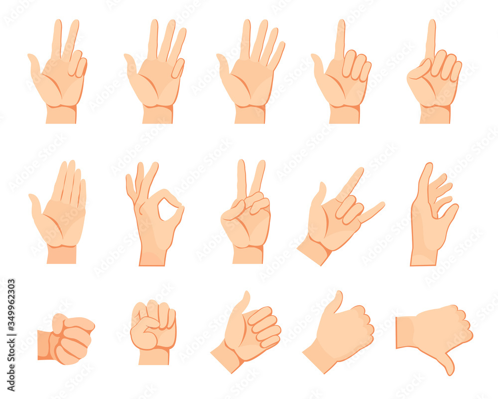 Human hand gestures set. Arms and wrists, amount signs, open palm, pointing with finger, greeting, fist. Vector illustration for communication, signals concept Human hand gestures set. Arms and wrists, amount signs, open palm, pointing with finger, greeting, fist. Vector illustration for communication, signals concept