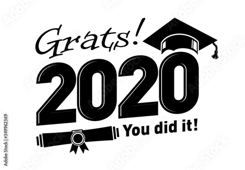 Class of 2020 with Graduation Cap and diploma. Flat simple black and white design. Illustration, vector