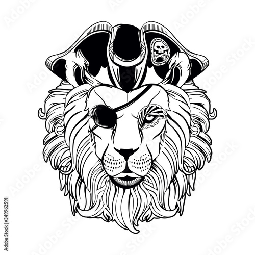 Lion head on a white background. Lion pirate in a one-eyed hat. Corsair.