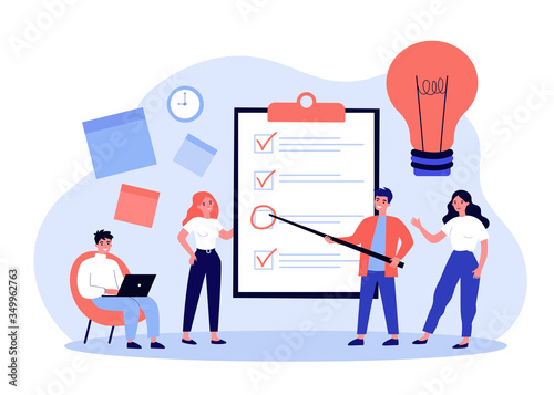 Team members sharing ideas during brainstorm set. Company managers thinking together, discussing project, filling up checklist. Can be used for teamwork, cooperation, coworkers concept