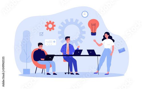 Business team members with laptop discussing project at their workplaces. Managers working together, sharing new ideas. Can be used for workflow, teamwork, cooperation, collaboration concept