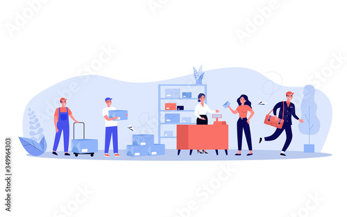 Post office employees and customers. Workers sorting parcel boxes, courier or postman carrying letters and running. Can be used for communication, mail, service concept