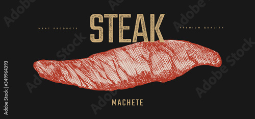 Machete steak vector illustration. Hand-drawn slice of meat tenderloin on black background. Concept of fresh farm products. Design element for menu, flyer, poster of butcher shop, market, restaurant.