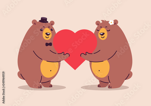 Love cartoon illustration. Two happy bears in love and happy together. Cute bear characters hold a big red heart. Illustration is great for weddings, anniversary celebration, special couple events