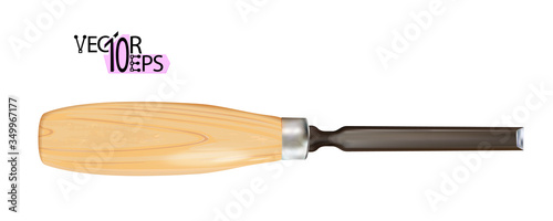 Realistic carpenter chisel with wooden handle isolated on a white background. Tool for carving, craft or construction. Wood processing cutting edge of blade. Vector illustration. photo