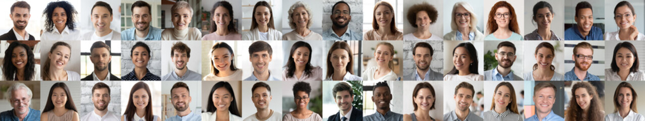 Many smiling multiethnic people faces headshots collage mosaic. Lot of young and old adult diverse ethnicity professional people group looking at camera. Horizontal banner for website header design