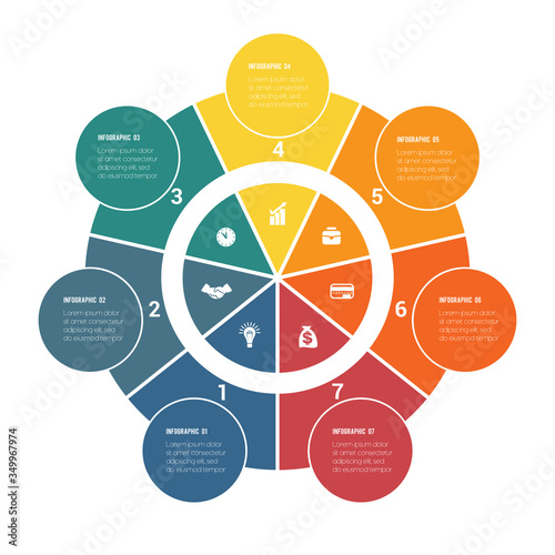 Colorful circular infographics from ring and circles. 7 positions for textual information. Use for business presentations is possible.