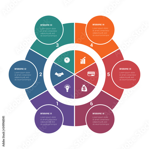 Colorful circular infographics from ring and circles. 6 positions for textual information. Use for business presentations is possible.