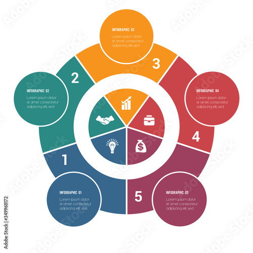 Colorful circular infographics from ring and circles. 5 positions for textual information. Use for business presentations is possible.