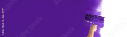Human hand with large roller of paint begins to paint a white wall handicraft education contrast color sample color test tool renovation purple dark color warm color