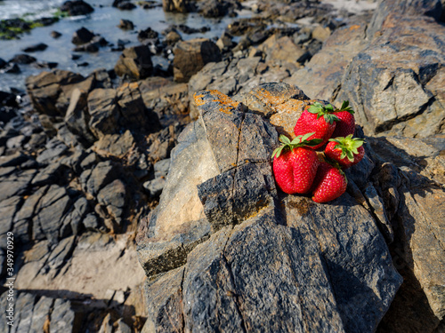 Close up of red strawberries leaning against a rock, Porto Pino, Sant'Anna Arresi, Sardinia, Italy photo