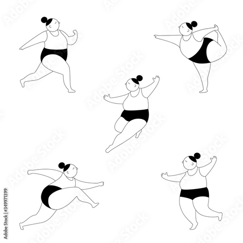 Set of yoga for plump women,young girl doing exercises,flat design.Vector illustration isolated on a white background.