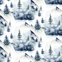 Fototapete Waldmuster Winterlicher Bergwald mit Kiefern Aquarell  © kris_art