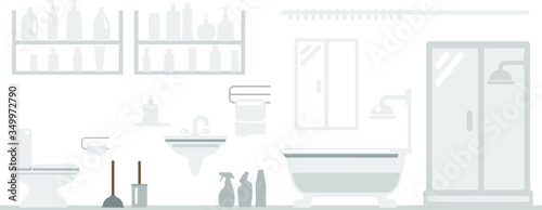 vector illustration of a bathroom and toilet. Toilet bowl, sink, household chemicals and everything necessary for human life in the apartment for hygiene. Plumbing and interior bathroom and toilet