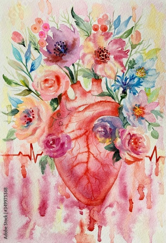 Fotografi Watercolor blooming human heart