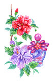 Perfume bottle and tropical hibiscus flowers, watercolor illustration on white background, isolated. Floral arrangement for greeting card and other designs.
