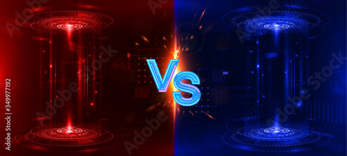 Versus glowing holograms and effect on floor. VS battle in futuristic HUD style. Circle teleport with sparks on transparent background. Competition vs match game, martial battle vs sport. Vector  photo