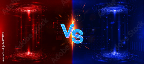 Versus glowing holograms and effect on floor. VS battle in futuristic HUD style. Circle teleport with sparks on transparent background. Competition vs match game, martial battle vs sport. Vector 