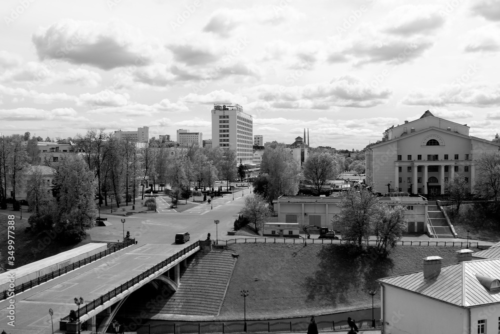 VITEBSK, BELARUS - 14 May 2020: Pushkin bridge near Holy Dormition Cathedral on the Uspenskaya mountain, Vitebsk, Belarus